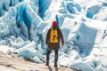 Traveler man with a yellow backpack wearing a red hat standing on a rock on the background of a glacier, mountains and snow. Royalty Free Stock Photo