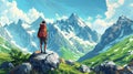 Traveler at the mountains in 2D with separated layers. Tourist with backpack stand at rocks and look into the distance