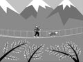 Traveler in mountains. Man and dog on hanging bridge. Outdoor travel