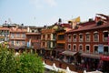 Traveler and Nepalese people on Street market of Boudhanath or Bodnath Stupa for shopping and selling