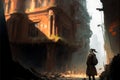 A traveler in an old abandoned city. Ruins and ruins. Steampunk style