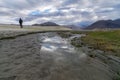 Traveler at Pangong Lake in Leh Ladakh, Jammu and Kashmir, India