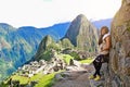 Traveler with panoramic view of Machupicchu world heritage site at Cusco Peru Royalty Free Stock Photo