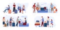 Traveler people in airport lounge with tickets, suitcase on hand drawn airline vector illustration