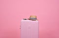 Traveler pink suitcase and passport document over pink background, Journey and travel. Royalty Free Stock Photo