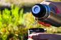 Traveler pouring hot tea from thermos to cup at autumn fallen forest outdoor Royalty Free Stock Photo