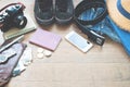 Traveler`s accessories, Essential vacation items of young man with passport