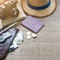 Traveler`s accessories, Essential vacation items of young man