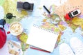 Traveler`s accessories and items with copy space on world map background, travel by car concept. Royalty Free Stock Photo