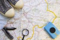 Traveler's items on a map Royalty Free Stock Photo