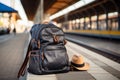 Traveler\'s kit at the train station backpack, hat, map, sunglasses, earphone, smartphone