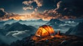 The traveler\'s orange tent on high mountain and sea of mist, Summer night landscape Royalty Free Stock Photo