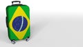 Traveler`s suitcase featuring flag of Brazil. Brazilian tourism conceptual 3D rendering, blank space for caption Royalty Free Stock Photo