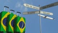 Travel baggage featuring flag of Brazil, airplane and city sign post. Brazilian tourism conceptual 3D rendering Royalty Free Stock Photo