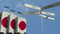 Travel baggage featuring flag of Japan, airplane and city sign post. Japanese tourism conceptual 3D rendering