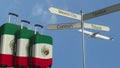 Travel baggage featuring flag of Mexico, airplane and city sign post. Mexican tourism conceptual 3D rendering Royalty Free Stock Photo