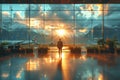 Person silhouetted in airport with sunset