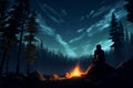 Traveler sitting by crackling campfire under starry night sky. Generative AI