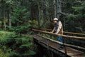 Traveler standing on a bridge and looking on forest