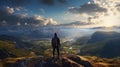 A traveler standing on a cliff overlooking the valley and mountains