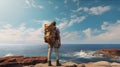 A traveler standing on the ocean with a backpack