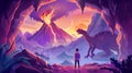 A traveler stands in a cave taking in the Jurassic landscape with dinosaurs and an erupting volcano. Time travel concept Royalty Free Stock Photo