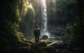 Traveler stands in front of the waterfall, Generative AI