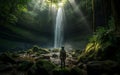Traveler stands in front of the waterfall, Generative AI