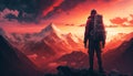 The traveler stands on a mountain top above a misty valley