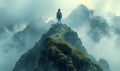 Traveler stands on the peak of the mountain and watching over the misty and foggy landscape. Royalty Free Stock Photo