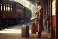 traveler, with suitcase in hand and ticket ready, waiting for train to arrive at vintage station Royalty Free Stock Photo