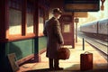 traveler, with suitcase in hand and ticket ready, waiting for train to arrive at vintage station