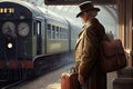 traveler, with suitcase in hand and ticket ready, waiting for train to arrive at vintage station Royalty Free Stock Photo