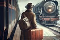 traveler, with suitcase in hand and ticket ready, waiting for train to arrive at vintage station Royalty Free Stock Photo