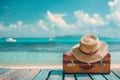 traveler suitcase and hat on summer holidays Background, summer travel trip