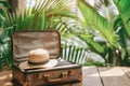 traveler suitcase and hat on summer holidays Background, summer travel trip