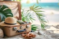 traveler suitcase and hat on summer holidays Background, summer travel trip