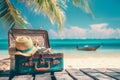traveler suitcase and hat on summer holidays Background, summer travel trip