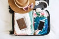 Traveler suitcase and luggage with smart phone ready for travel