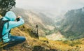 Traveler takes a picture of a gorgeous panorama view of a lush green Xo-xo valley. Santo Antao island in Cabo Verde Royalty Free Stock Photo