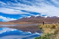 The traveler takes pictures of Pink flamingo in the lake. Lake Hedionda in Bolivia Royalty Free Stock Photo