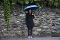 Traveler thai women holding umbrella and walking on the road at raining time