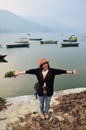 Traveler thai women portrait at Phewa Tal or Fewa Lake in pokhara Royalty Free Stock Photo