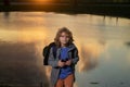 Traveler tourist kid. Child with backpack, traveller or explorer. Concept of exploration and discovery. Kid travel on