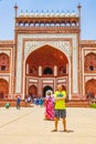Taj Mahal Great Gate tourist poses Agra Uttar Pradesh India Royalty Free Stock Photo