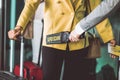 Traveler tourist visitor people security check at the airport gate with handheld metal scanner detector by security guard Royalty Free Stock Photo