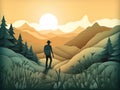 traveler travel in Sunset Mountain Paper cut style for travel concept, Banner and Poster.