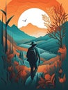 traveler travel in Sunset Mountain Paper cut style for travel concept, Banner and Poster, Generative Ai