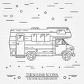 Traveler truck camper thin line. Camping RV trailer family caravan outline icon. RV travel camper grey and white vector pictogram