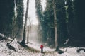 Traveler walking alone at foggy forest